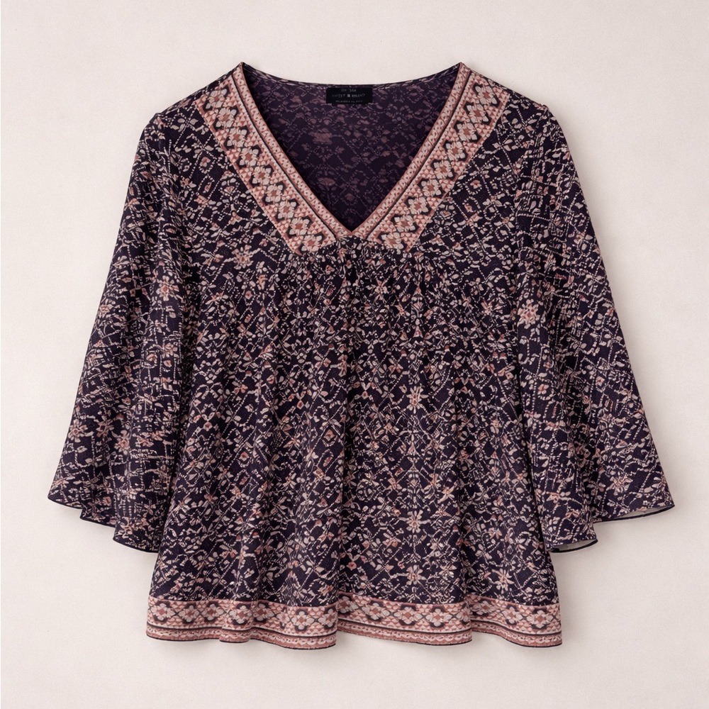Lucky Brand Boho Print Peasant Top Navy Pink V Neck Flowy Blouse Large